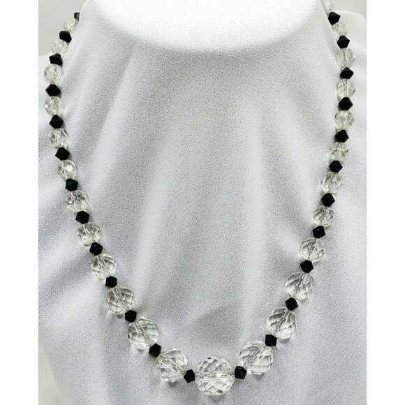Vintage 17" Choker Necklace Clear Black Beads Faceted Sterling Graduated Spacers - Picture 5 of 16